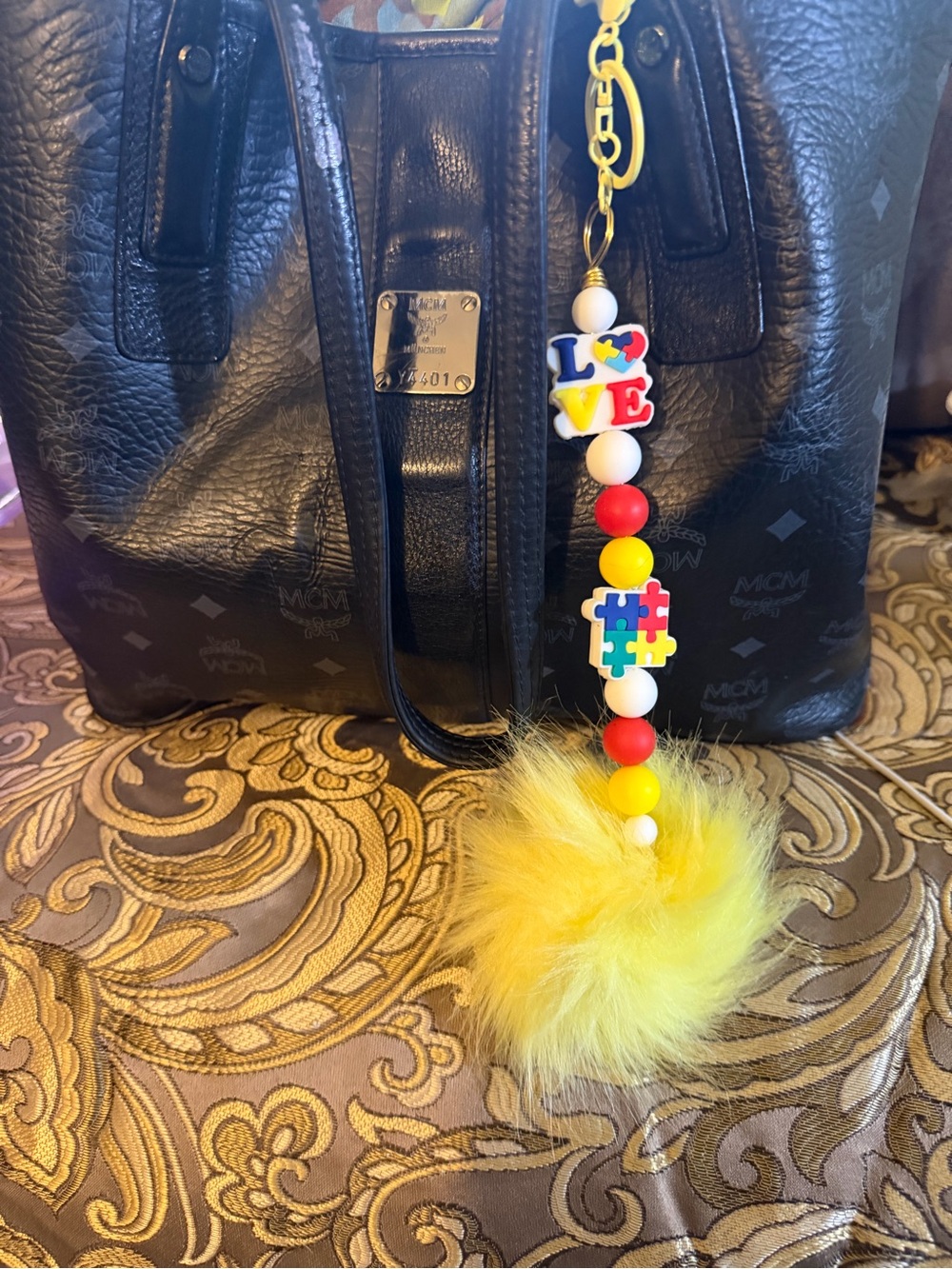 Yellow Pom-Pom Bag Charm with Colorful LOVE Autism Beads